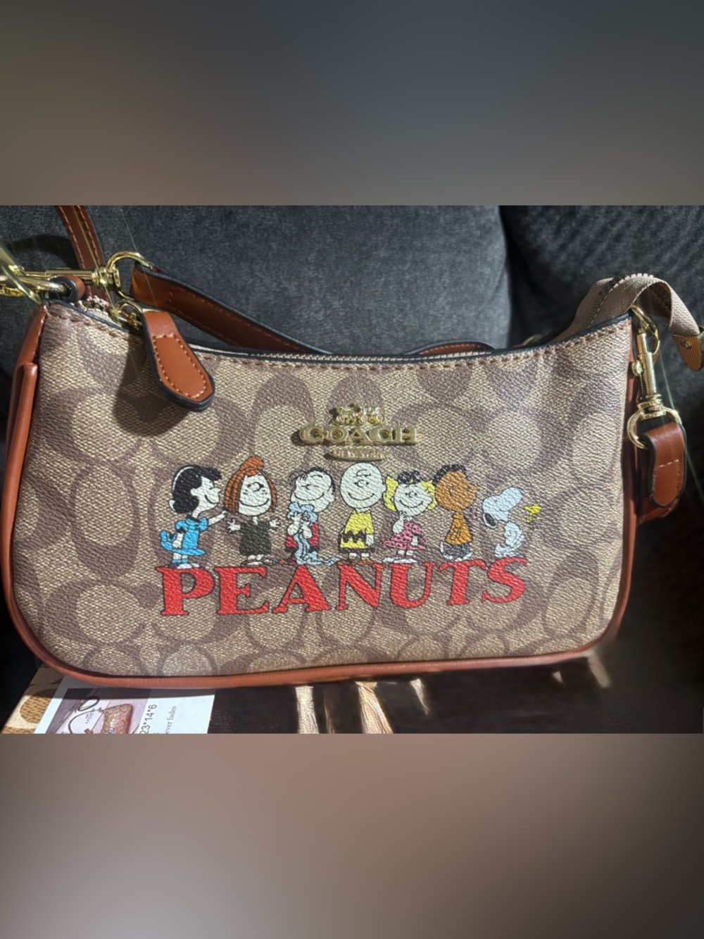 Signature Peanuts inspired brown canvas shoulder bag with red logo